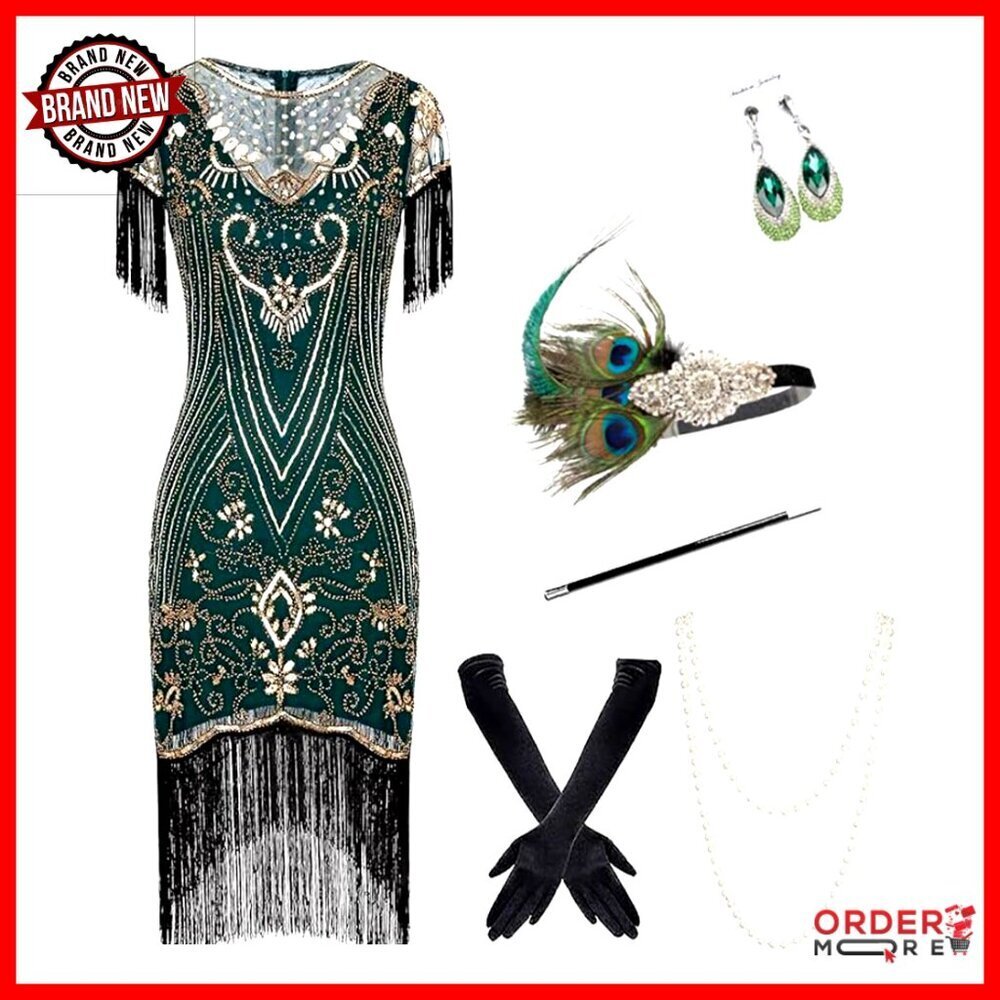 Plus Size 1920s Sequin Flapper Dress with Fringe Tassels Accessories